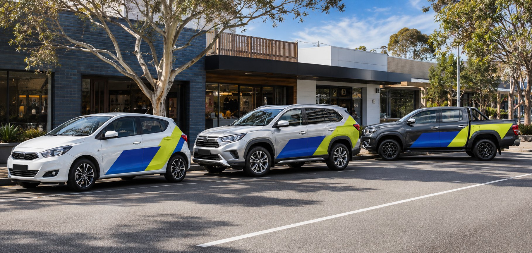 Three example campaign vehicles: a hatchback, SUV and utility vehicle