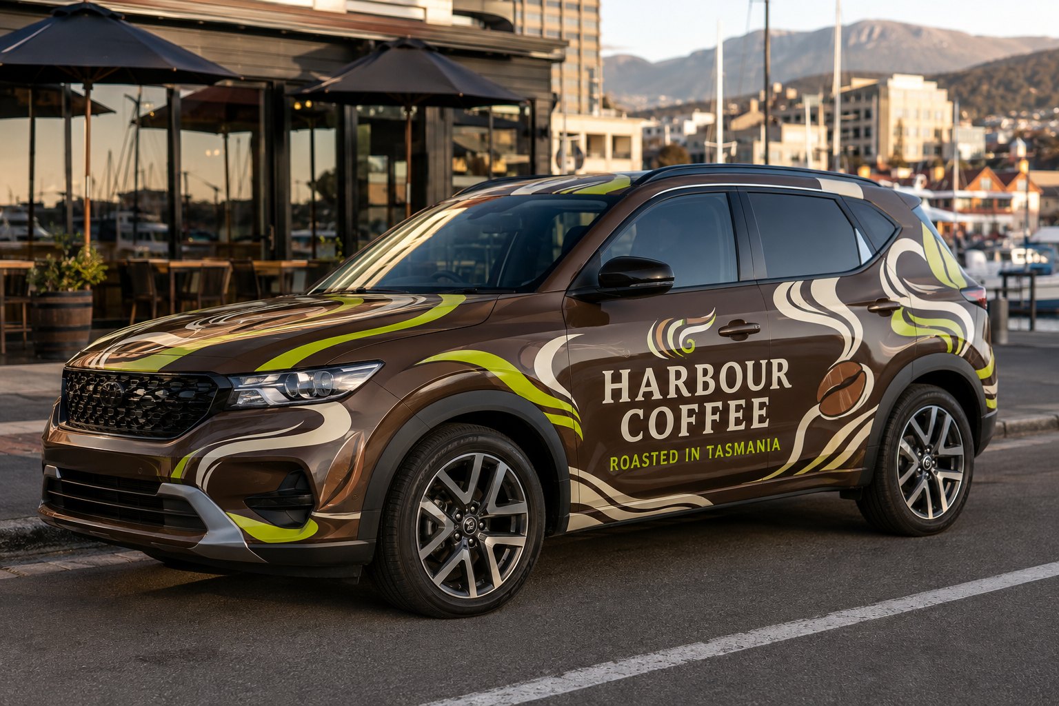 Full-wrap Harbour Coffee SUV campaign concept