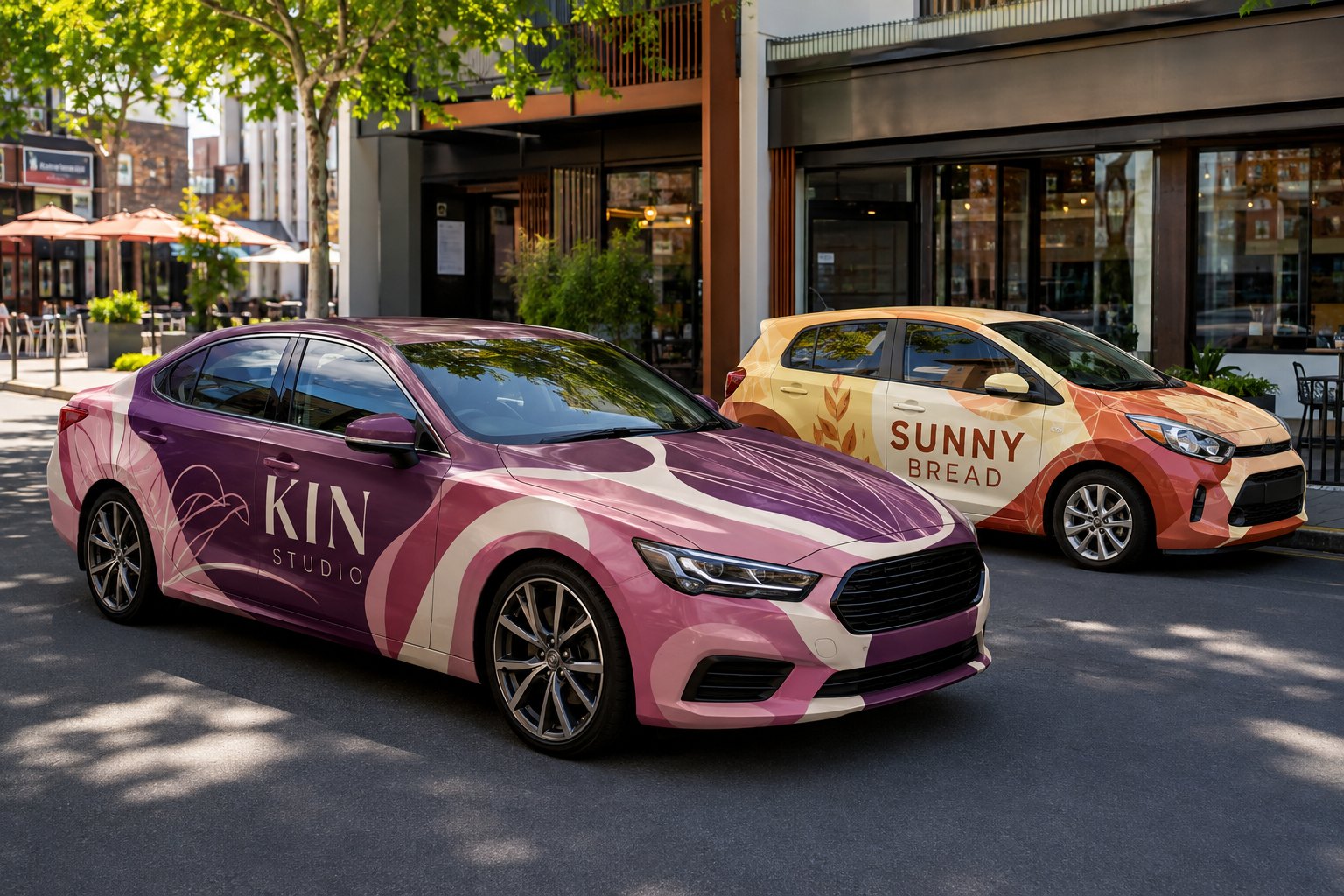 Full-wrap Kin Studio sedan and Sunny Bread hatchback campaign concepts